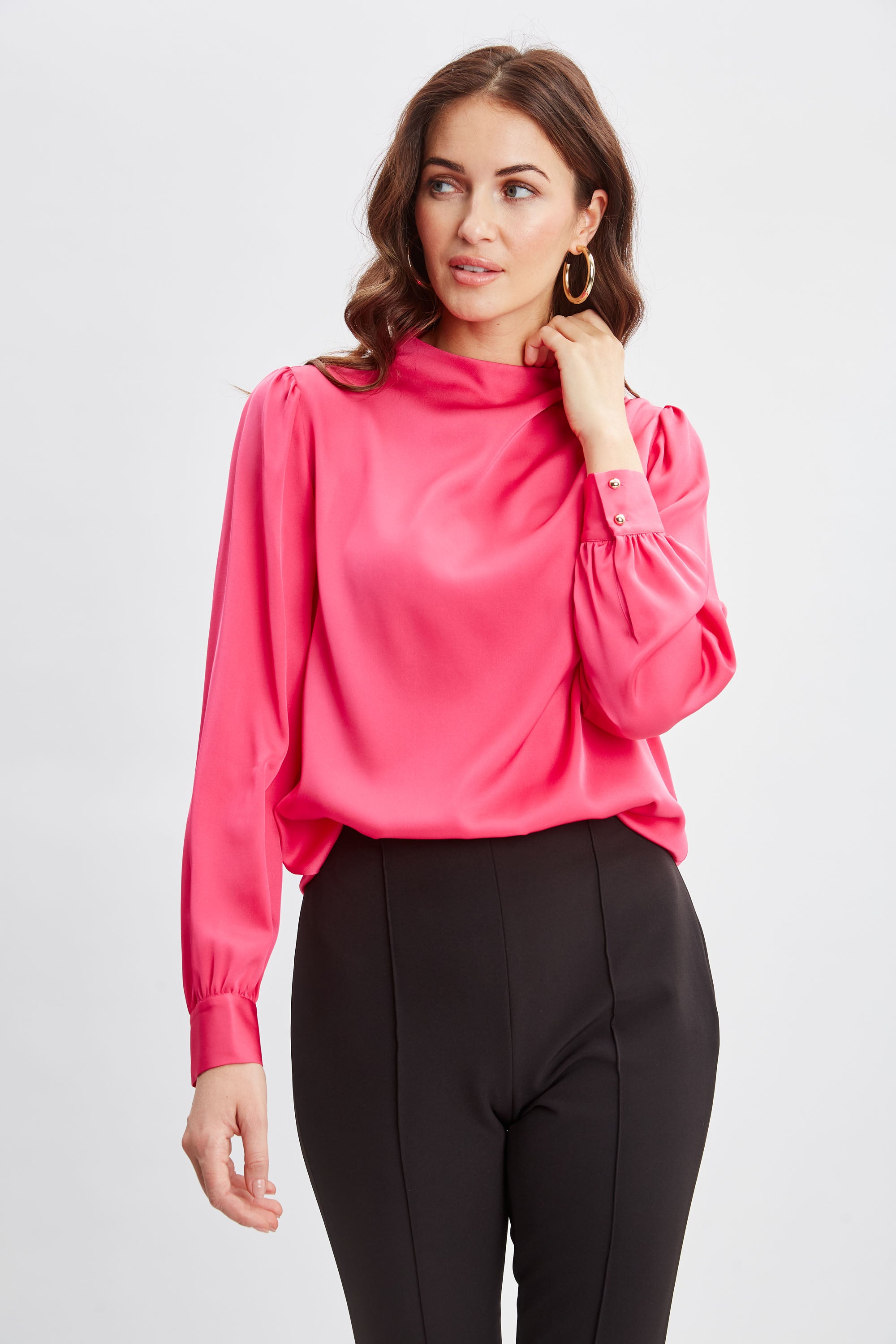 Silk Pleated Draped Neck Shirt