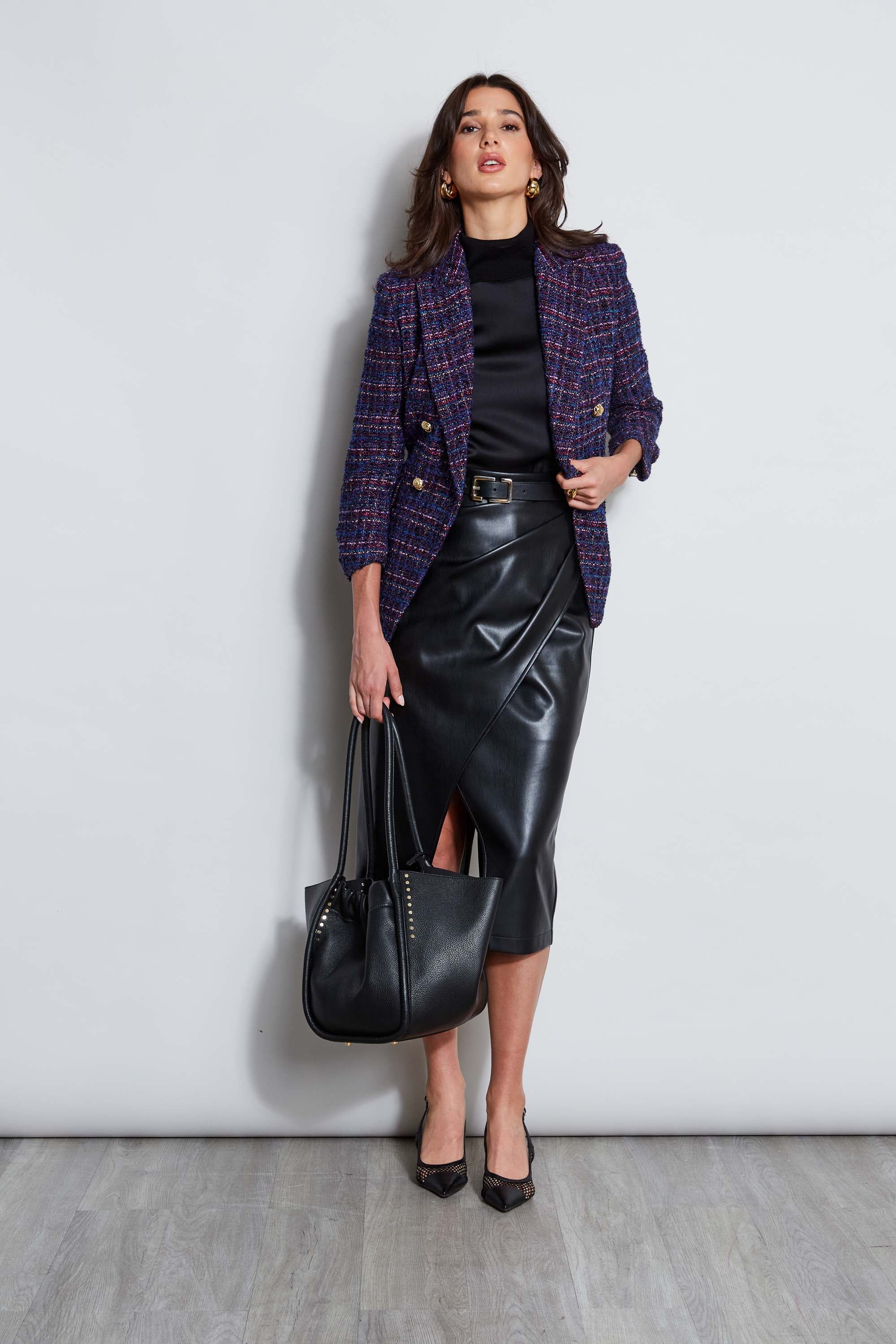 Tweed Ruched Sleeve Double Breasted Blazer